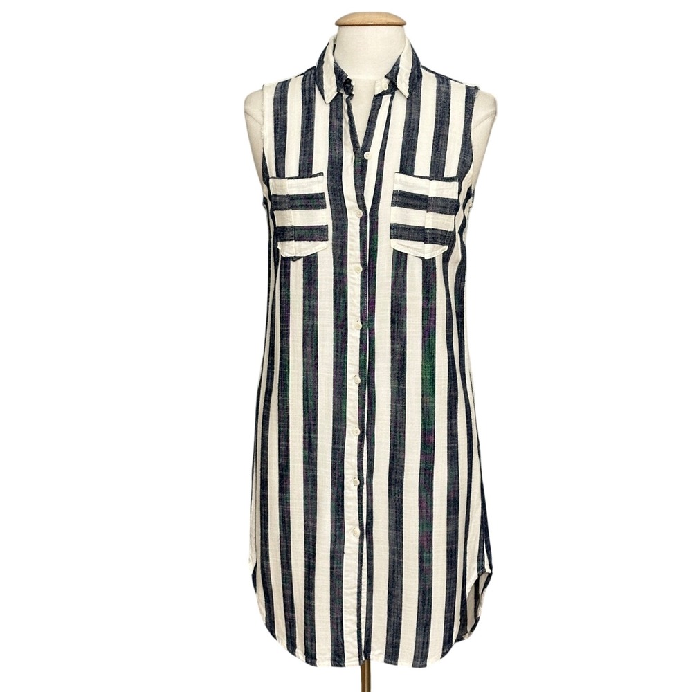 Preppy Nautical Womens Dress 8 Blue White Stripe Button Up Lightweight Coastal